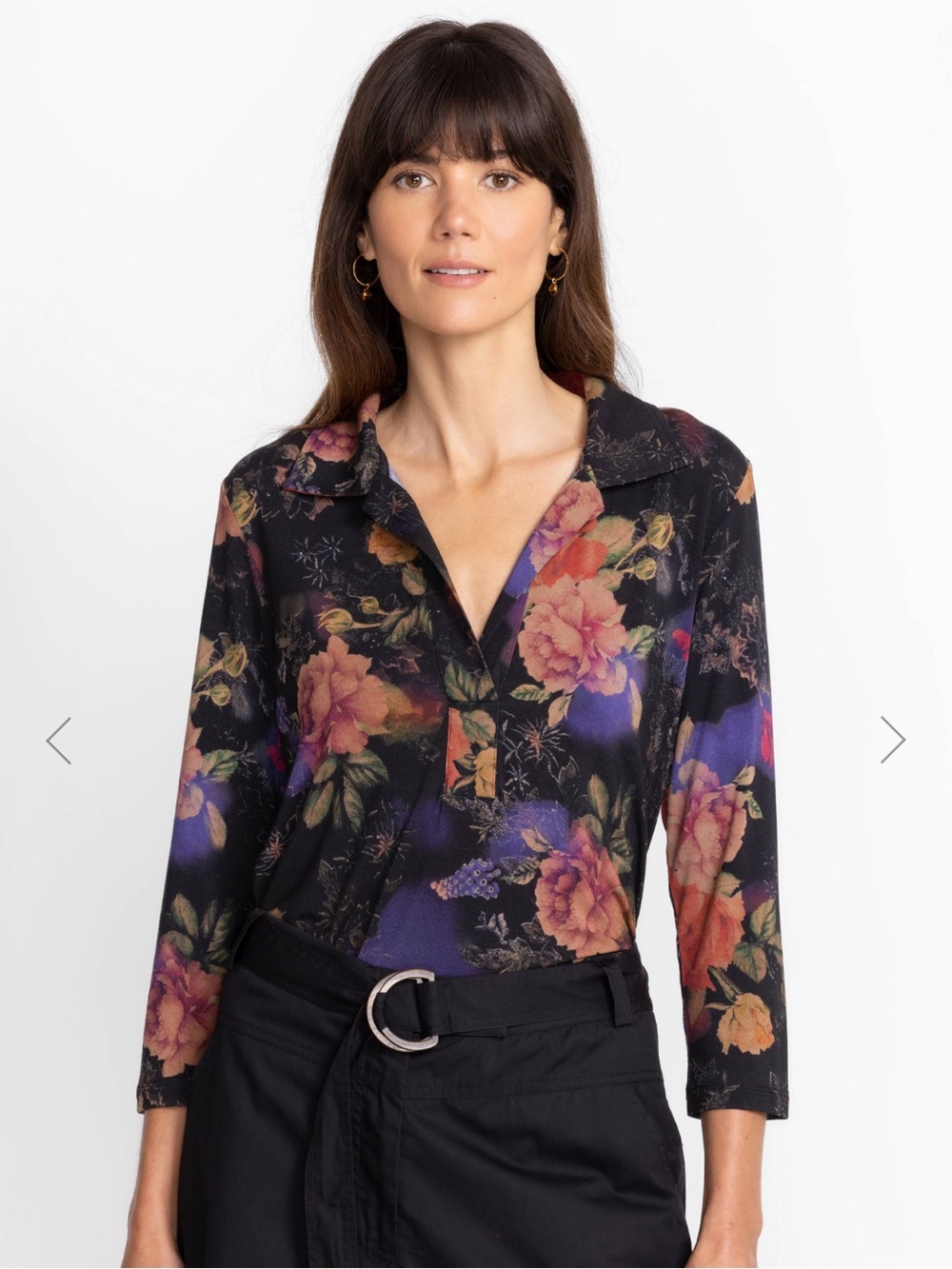 Johnny Was Bossa Nova 3/4 sleeve swing polo features a vibrant dark floral print